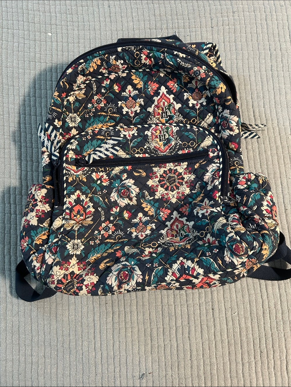 Vera Bradley Black Quilted Floral Print Backpack with Teal Accents